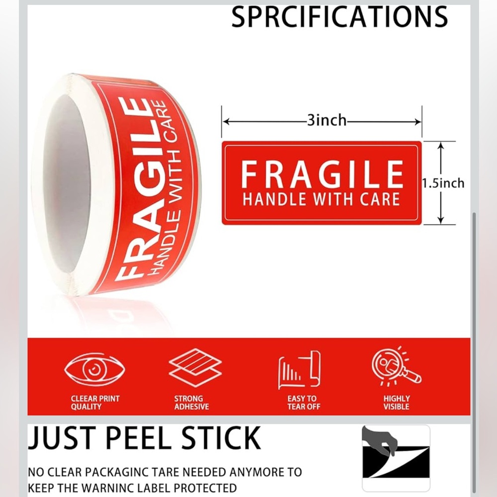 Fragile Handle with Care Warning Stickers - Shipping & Packing Labels/Stickers - Picture 3 of 6